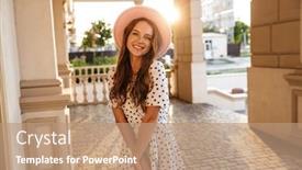  Presentation with optimistic - Theme consisting of image of cheery beautiful optimistic young redhead woman walking by street outdoors background and a coral colored foreground
