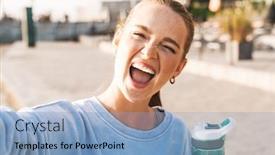  Presentation with water sports - Slide deck featuring image of cheery happy young sports woman outdoors on beach walking holding bottle with water take selfie by camera background and a light blue colored foreground