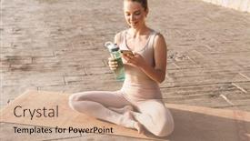  Presentation with water sports - PPT theme featuring image of cheery happy young sports woman outdoors on beach drinking water using mobile phone background and a coral colored foreground