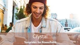  Presentation with man holding phone - Slides with image-of-cheery-positive-young background and a coral colored foreground