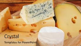  Presentation with cheese plate parmesan cheddar gouda - Audience pleasing presentation theme consisting of image of cheeses on wooden backdrop and a yellow colored foreground