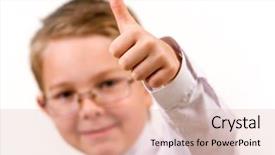  Presentation with childish - Colorful theme enhanced with image of childish hand showing thumb up backdrop and a coral colored foreground