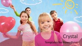  Presentation with children little child girl plays - Theme enhanced with image of children holding balloons background and a coral colored foreground