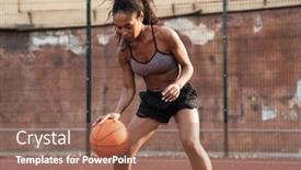  Presentation with playground - Amazing presentation design having image of concentrated african american woman in sportswear playing basketball at playground outdoors backdrop and a coral colored foreground