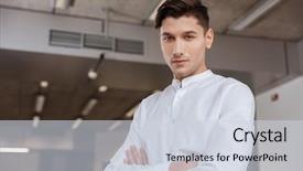 Presentation with coworking - Slides having image of concentrated man dressed in white shirt standing with arms crossed indoors coworking looking at camera background and a sky blue colored foreground