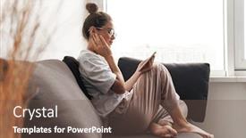  Presentation with eyeglasses - Slide deck featuring image-of-concentrated-nice-woman background and a tawny brown colored foreground