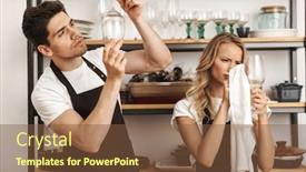  Presentation with wipe - Amazing presentation design having image of concentrated young friends loving couple chefs on the kitchen wipe glasses backdrop and a tawny brown colored foreground