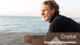  Presentation with railing - Colorful presentation design enhanced with image of confident elderly man in tracksuit looking forward while bending on railing near seaside in morning backdrop and a tawny brown colored foreground