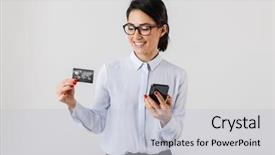  Presentation with mobile phone on car - PPT theme enhanced with image of confident office woman background and a light gray colored foreground