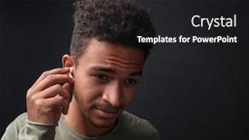  Presentation with forward - Colorful presentation theme enhanced with image of confused african american guy using earpods and looking forward isolated over black background backdrop and a dark gray colored foreground