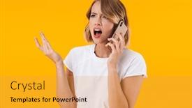  Presentation with basic - Amazing PPT theme having image of confused blond woman in basic t-shirt screaming and talking on cellphone isolated over yellow background backdrop and a gold colored foreground