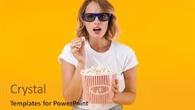  Presentation with popcorn movie - Slide deck with image of confused blond woman in 3d glasses holding popcorn bucket while watching movie isolated over yellow background background and a gold colored foreground