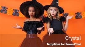  Presentation with black girls - Slide deck featuring image of confused multinational girls in black halloween costumes looking at camera isolated over orange pumpkin wall background and a crimson colored foreground