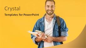  Presentation with denim - Presentation with image of content student guy in denim clothes smiling while holding exercise books isolated over yellow background background and a yellow colored foreground