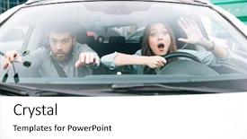  Presentation with crash - Presentation theme having image of couple in crash front view woman at the wheel background and a white colored foreground