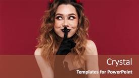  Presentation with demon - PPT layouts having image of cunning woman demon in carnival costume isolated over red wall background showing silence gesture looking aside background and a tawny brown colored foreground