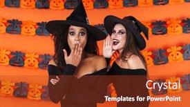  Presentation with black women - Colorful slide set enhanced with image of curious witch women in black halloween costume telling gossips to each other isolated over orange pumpkin wall backdrop and a tawny brown colored foreground