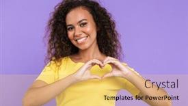  Presentation with african violet - Amazing slide set having image of cute african american woman with curly hair smiling and showing heart shape with fingers isolated over violet background backdrop and a yellow colored foreground