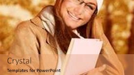  Presentation with educational - Beautiful presentation design featuring image of cute businesswoman holding folder with documents beautiful student girl wearing warm hat and scarf with elegant glasses smart young lady enjoying autumnal educational period backdrop and a coral colored foreground