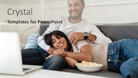  Presentation with movie popcorn - Audience pleasing presentation theme consisting of image-of-cute-cheerful-couple backdrop and a light gray colored foreground