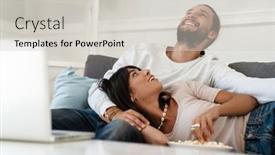  Presentation with popcorn movie - Theme with image-of-cute-cheerful-couple background and a light gray colored foreground