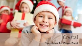  Presentation with company - Theme featuring image of cute lad in santa cap looking at camera with company of friends behind background and a coral colored foreground