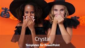  Presentation with black girls - Cool new PPT layouts with image of cute multinational girls in black halloween costumes laughing and covering their mouths isolated over orange pumpkin wall backdrop and a tawny brown colored foreground