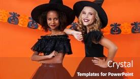  Presentation with black girls - Colorful slide set enhanced with image of cute multinational girls in black halloween costumes smiling and standing together isolated over orange pumpkin wall backdrop and a tawny brown colored foreground