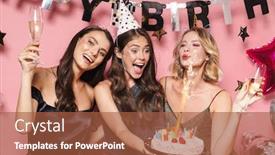  Presentation with cute birthday - Amazing presentation design having image of cute party girls in fancy dresses holding birthday cake and champagne glasses isolated over pink background backdrop and a red colored foreground