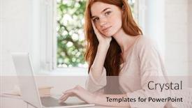  Presentation with cute - Cool new slide deck with image of cute pretty young redhead lady sitting in classroom looking camera using laptop computer backdrop and a soft green colored foreground