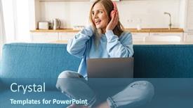  Presentation with laptop wireless - Slides consisting of image-of-cute-smiling-woman background and a ocean colored foreground