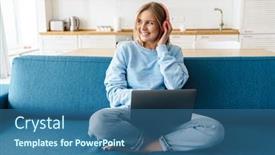  Presentation with laptop wireless - PPT theme with image-of-cute-smiling-woman background and a ocean colored foreground