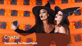  Presentation with black women - Slide deck with image of cute witch women in black halloween costume taking selfie photo on cellphone with kissing isolated over orange pumpkin wall background and a crimson colored foreground