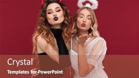  Presentation with demon - Slide set consisting of image of cute women demon and angel in carnival costumes isolated over red wall background blowing kisses background and a red colored foreground