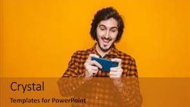  Presentation with video games playing - Amazing PPT layouts having image of delighted man wearing backdrop and a crimson colored foreground