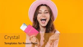  Presentation with ticket - Presentation theme featuring image-of-delighted-woman background and a gold colored foreground