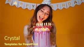  Presentation with party candles - Cool new presentation theme with image-of-delighted-young-woman backdrop and a tawny brown colored foreground