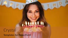  Presentation with party candles - Amazing presentation theme having image-of-delighted-young-woman backdrop and a gold colored foreground