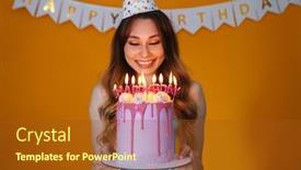  Presentation with party candles - Cool new presentation design with image-of-delighted-young-woman backdrop and a tawny brown colored foreground