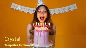  Presentation with party candles - Presentation theme having image-of-delighted-young-woman background and a tawny brown colored foreground