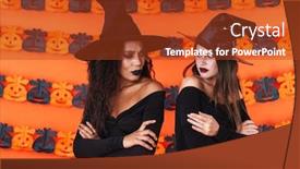  Presentation with black women - PPT theme enhanced with image of displeased witch women in black halloween costume and makeup standing together isolated over orange pumpkin wall background and a crimson colored foreground