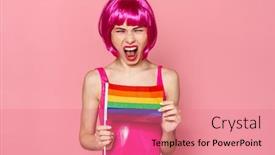  Presentation with rainbow flag - PPT theme featuring image-of-displeased-woman background and a coral colored foreground