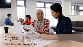  Presentation with corporation - Presentation having image-of-diverse-female-colleagues background and a coral colored foreground