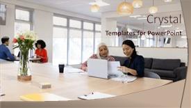  Presentation with corporation - Slide set enhanced with image-of-diverse-female-colleagues background and a soft green colored foreground