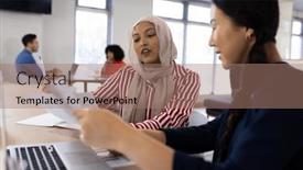  Presentation with corporation - PPT theme featuring image-of-diverse-female-colleagues background and a coral colored foreground