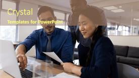  Presentation with corporation - Presentation theme having image-of-diverse-female background and a coral colored foreground