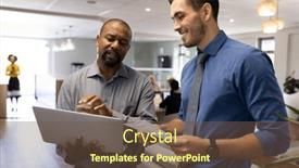  Presentation with corporation - Slide set enhanced with image-of-diverse-male-colleagues background and a tawny brown colored foreground