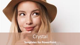  Presentation with ceative thinking - Colorful presentation theme enhanced with image of dreaming thinking flirty amazing young pretty woman wearing hat posing isolated over white wall background looking at copyspace backdrop and a coral colored foreground