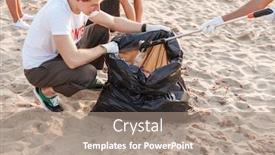  Presentation with eco plastic - PPT theme featuring eco volunteers guys cleaning beach background and a coral colored foreground