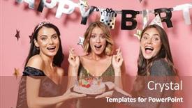  Presentation with party candles - Presentation theme consisting of image of ecstatic party girls in fancy dresses holding birthday cake with candles isolated over pink background background and a red colored foreground